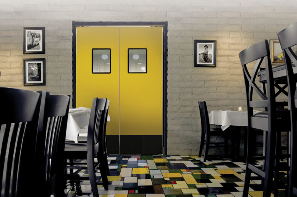 Eliason - SCP15, High Pressure Laminate Medium Impact Traffic Door, 8" ABS Scuff Plates, Hidden Hardware