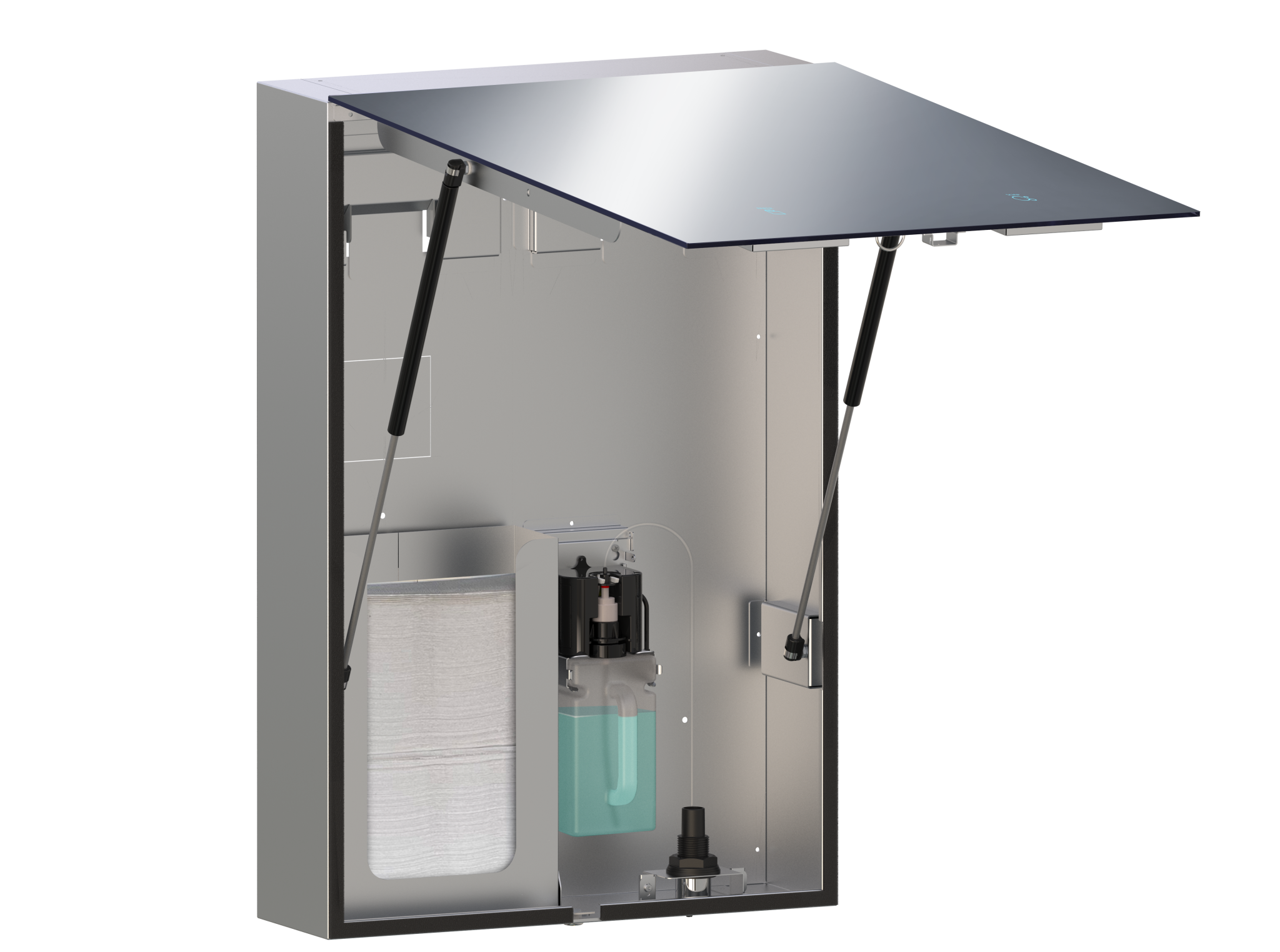 Velare™ BTM System – Stainless Steel Cabinet With Frameless Mirror, Foam Soap and towel dispenser / hand dryer - various styles