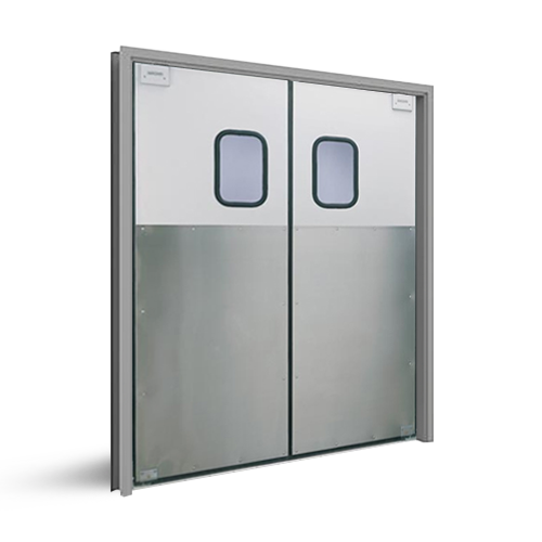 Eliason FCG-1 Traffic Door, Solid Core Aluminum Clad, Full Perimeter Gasket, 9"x14" Window, 48" SS Protection Plate