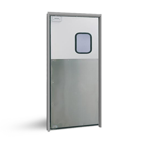 Eliason FCG-1 Traffic Door, Solid Core Aluminum Clad, Full Perimeter Gasket, 9"x14" Window, 48" SS Protection Plate