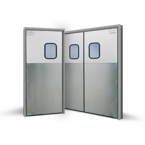 Eliason FCG-1 Traffic Door, Solid Core Aluminum Clad, Full Perimeter Gasket, 9"x14" Window, 48" SS Protection Plate